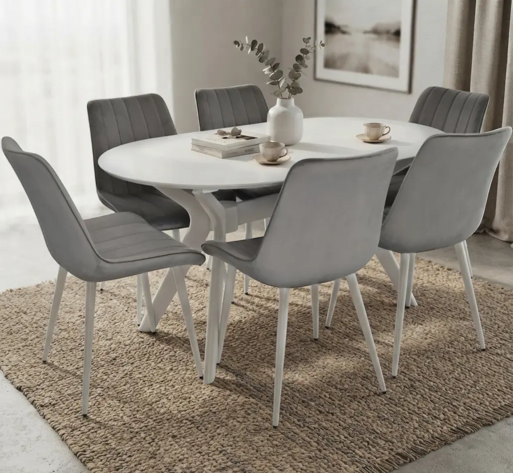Set masa + 6 scaune Evelin Raffles Oval + YTC-055WH Blu-13 (White/Light Grey)