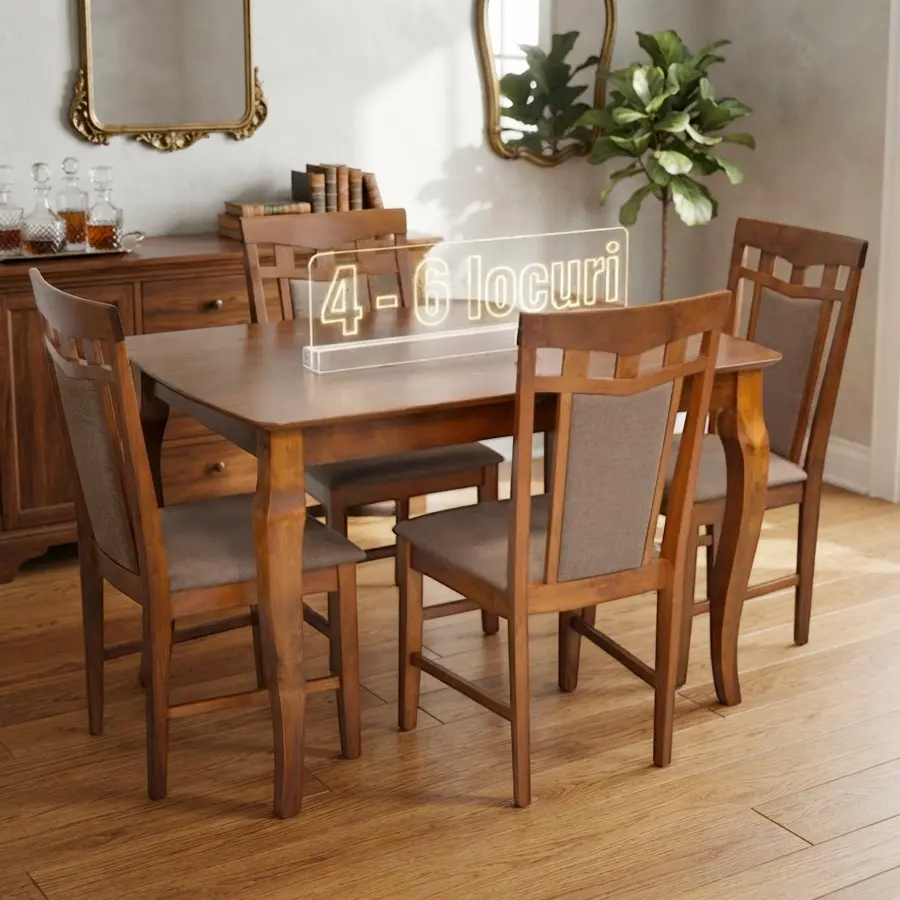 Set masa + 4 scaune Evelin HV-29V + Deepa R Ekea-12 (Burnish Oak/Dark Brown)