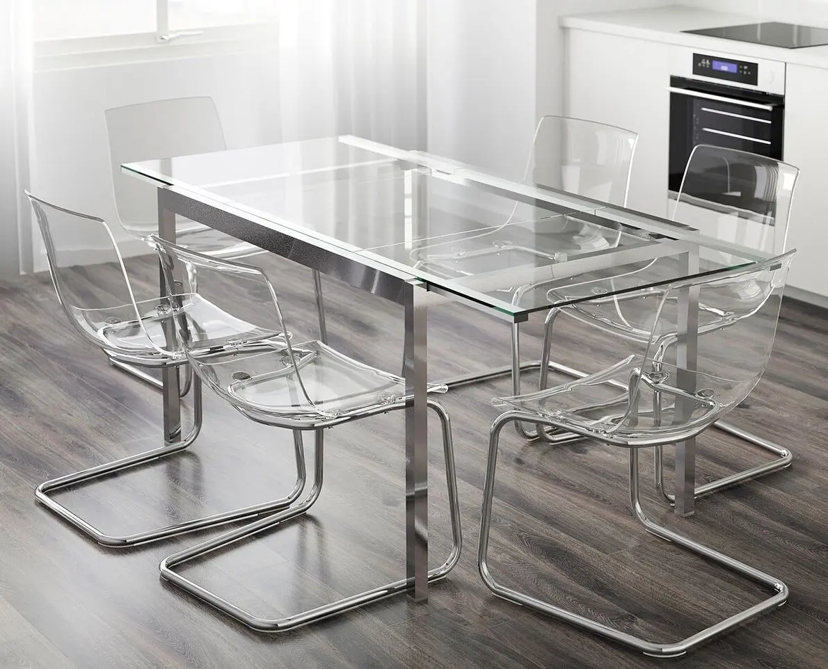 Set masa scaune Ikea Glivarp/Tobias 188cm 1+6 (Transparent/Crom)