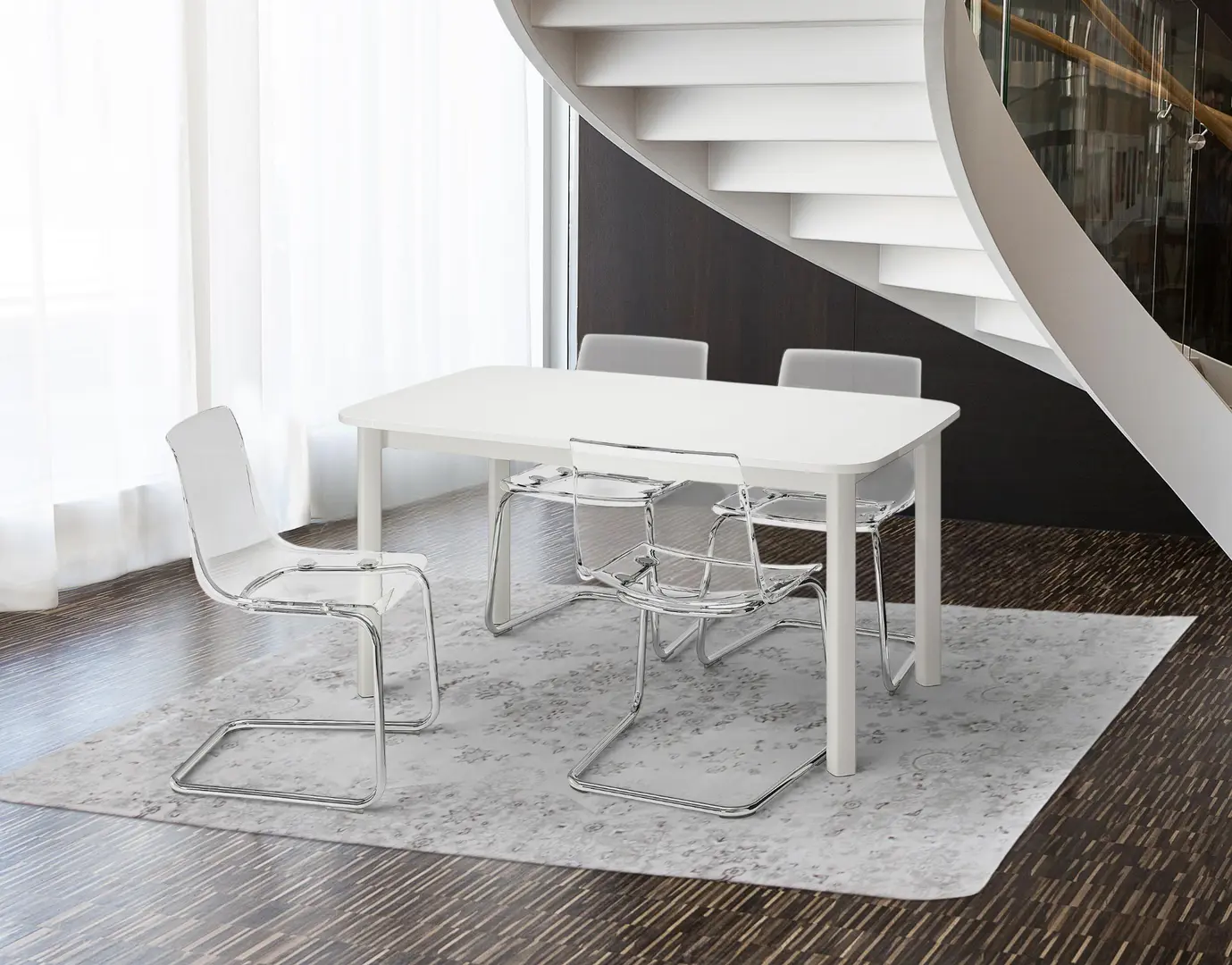 Set masa scaune Ikea Strandtorp/Tobias 150/205/260x95cm 1+4 (Alb/Transparent)