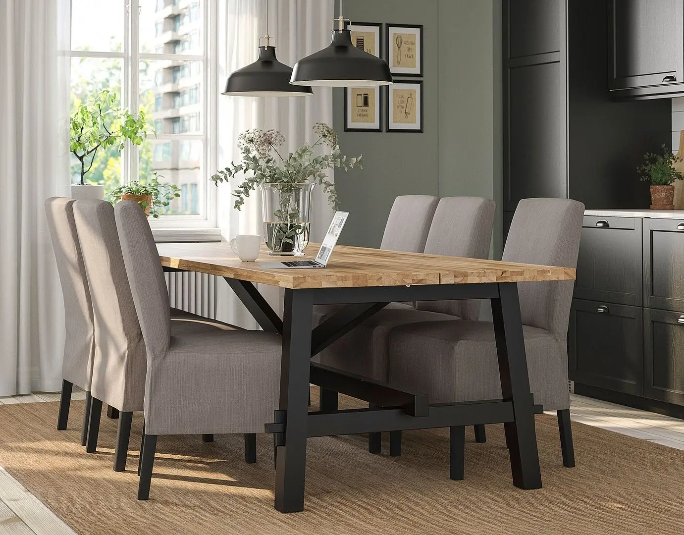 Обеденный набор Ikea Skogsta/Bergmund/Nolhaga 235x100см 1+6 (Акация/Черный/Серо-бежевый)