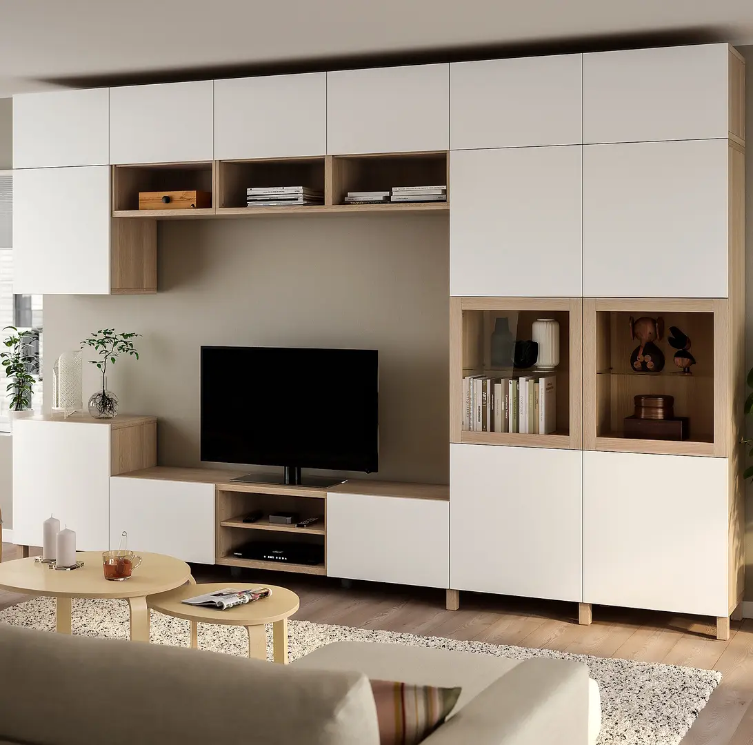 Living Ikea Besta/Lappviken/Sindvik sticla/deschidere apasare 360x42x240 (Stejar alb/Alb)