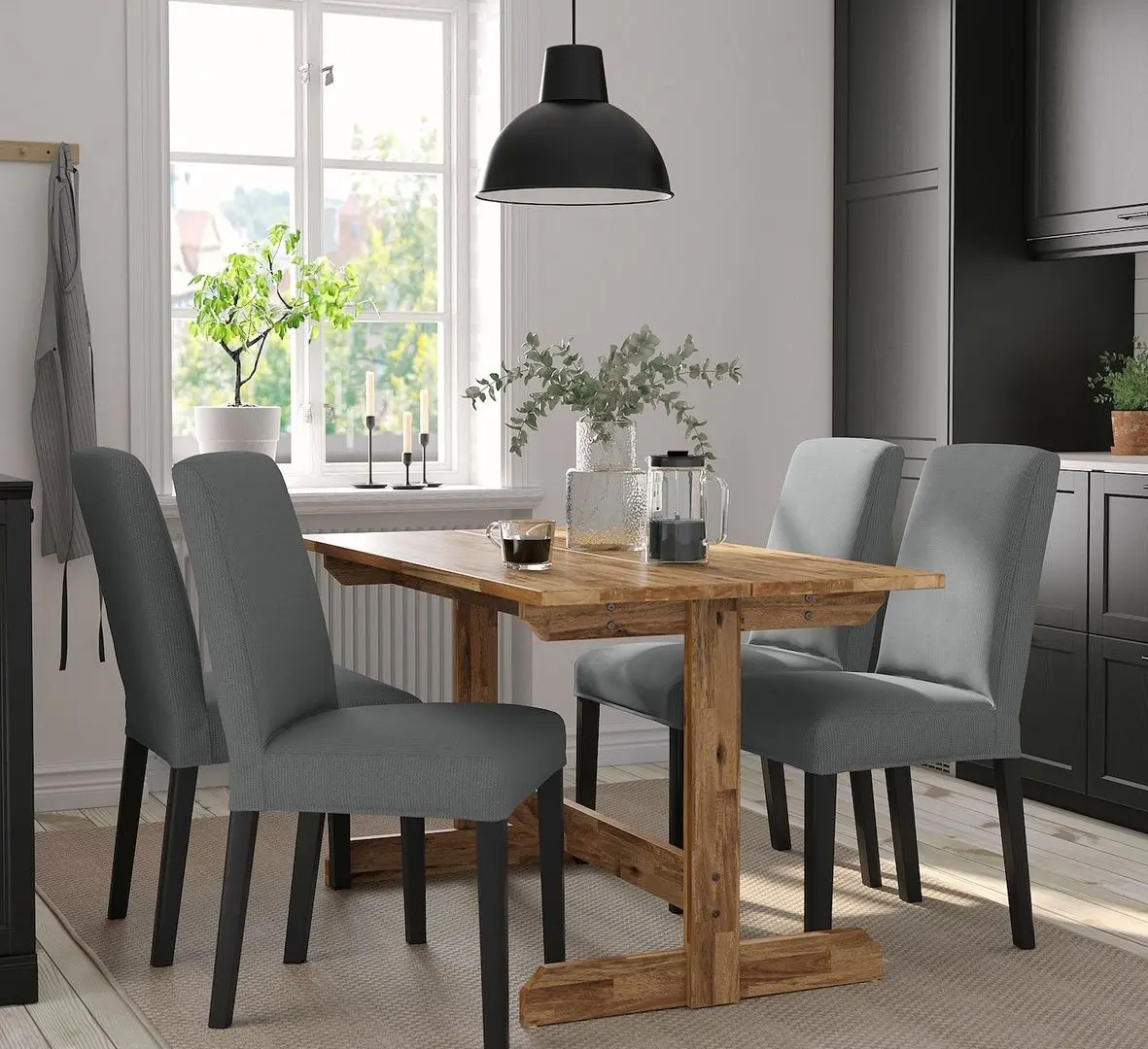 Set masa scaune Ikea Nackanas/Bergmund/Nykvarn 140cm 1+4 (Acacia/Negru/Gri)