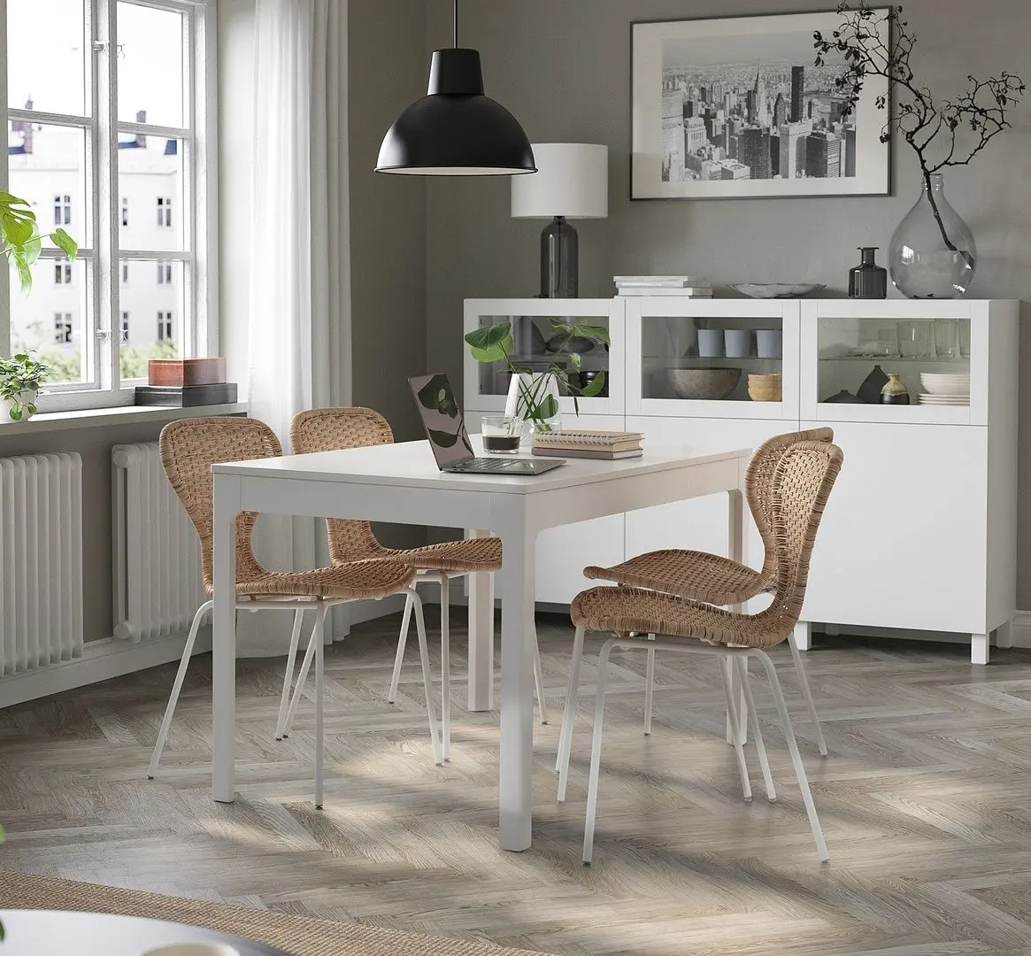 Set de sufragerie Ikea Ekedalen/Alvsta 120/180x80 1+4 (Alb/Ratan)