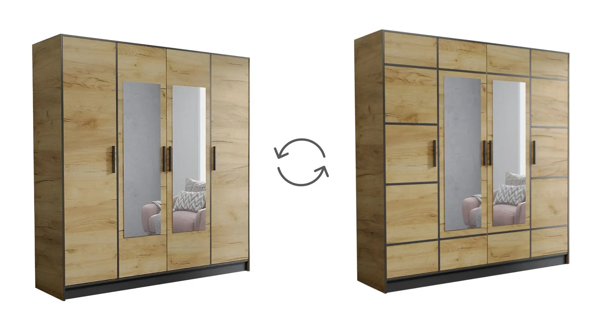 Dulap Prime Furniture Roj 4D 207 with decorative stripes (Craft Golden Oak/Black)