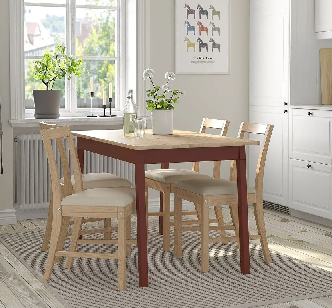 Set masa scaune Ikea Pinntorp/Katorp 125cm 1+4 (Maro deschis/Rosu/Natural)