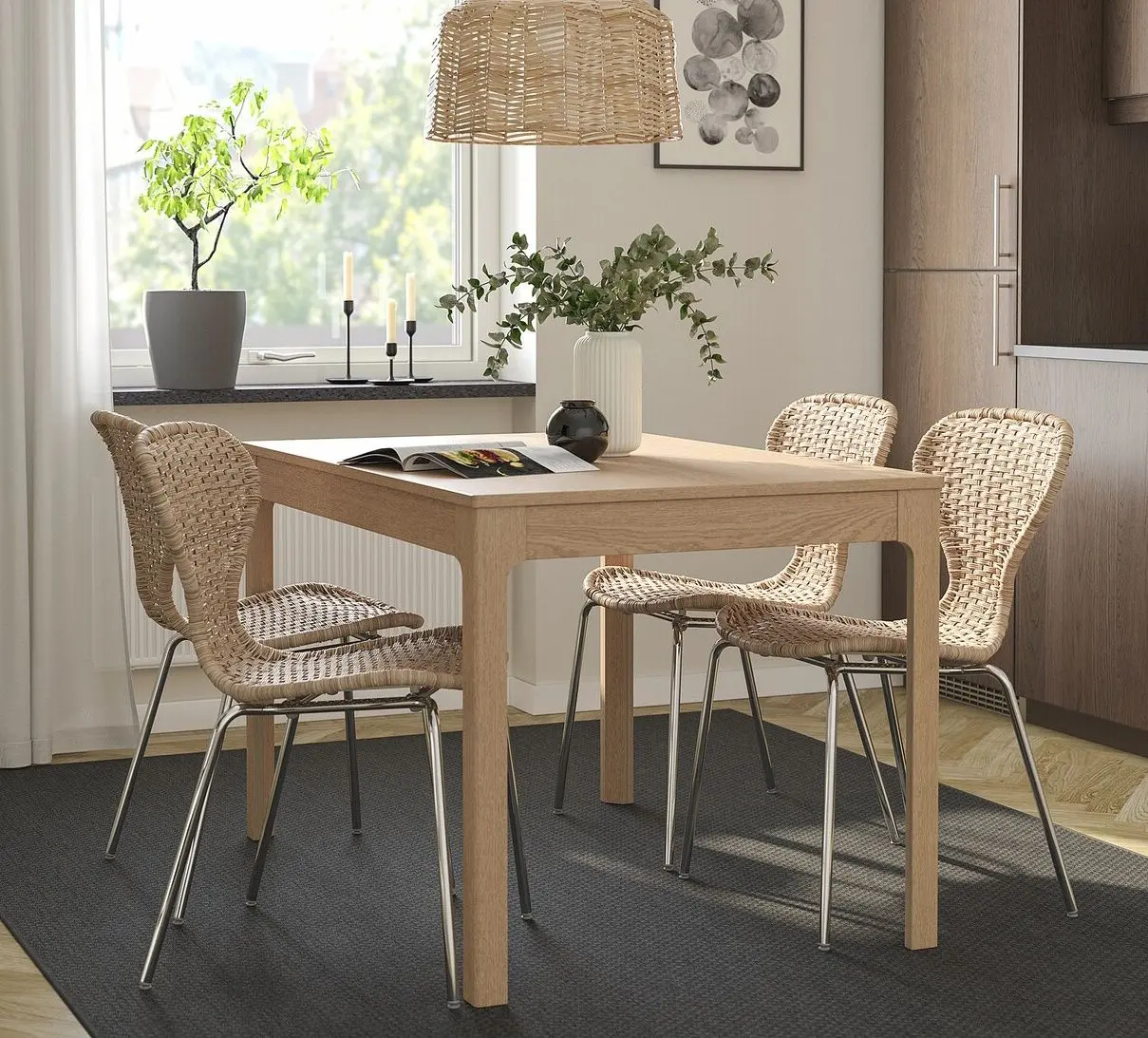 Обеденный набор Ikea Ekedalen/Alvsta 120/180см 1+4 (Дуб/Ротанг/Хром)