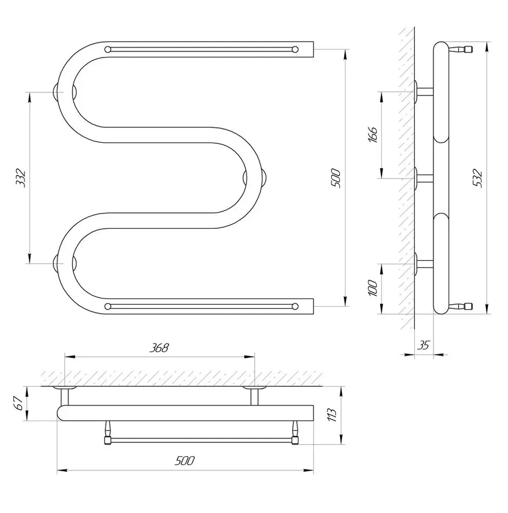 Полотенцесушитель Laris Zmeevik 32 PC3 2 Shelves 500x500 (Chrome)