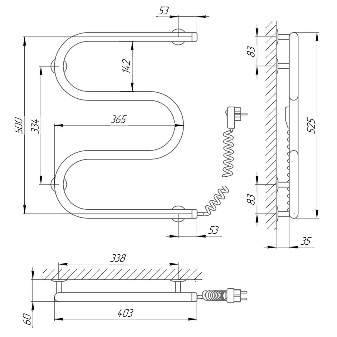 Полотенцесушитель электрический Laris Zmeevik 25 PC3 400x500 Right (Chrome)