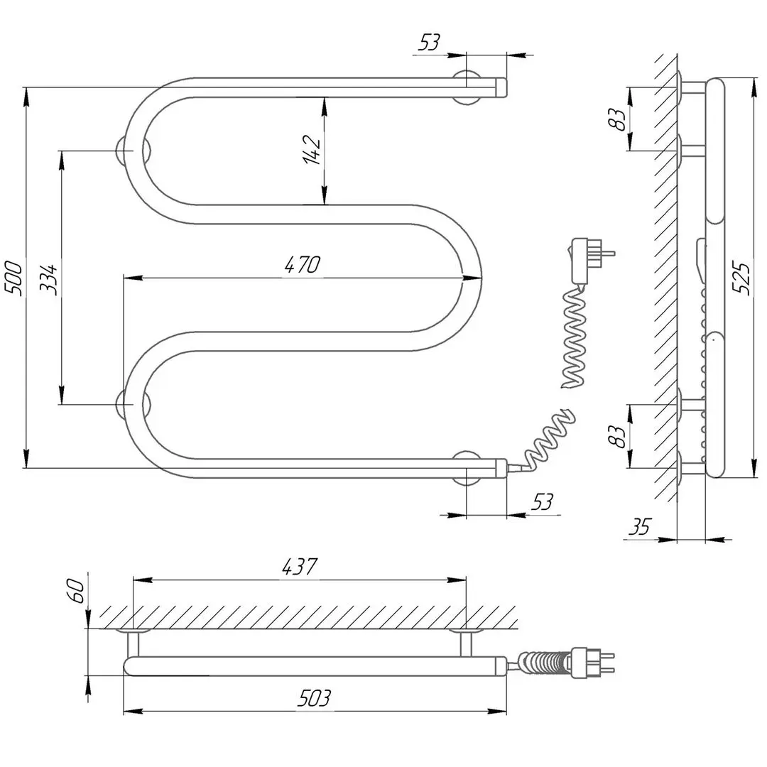 Полотенцесушитель электрический Laris Zmeevik 25 PC3 500x500 Right (Chrome)