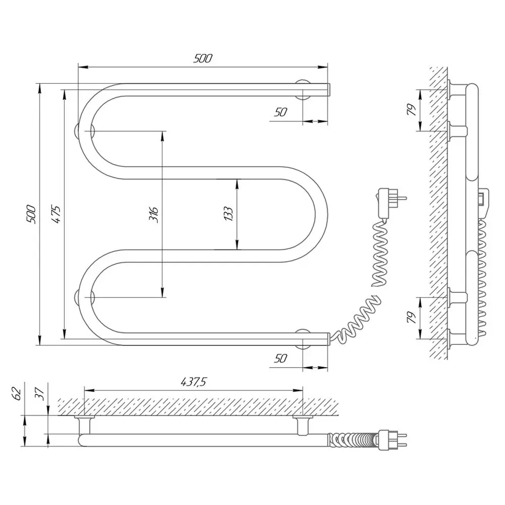 Полотенцесушитель электрический Laris Zebra Zmeevik 25 CK3 500x500 Right (White)