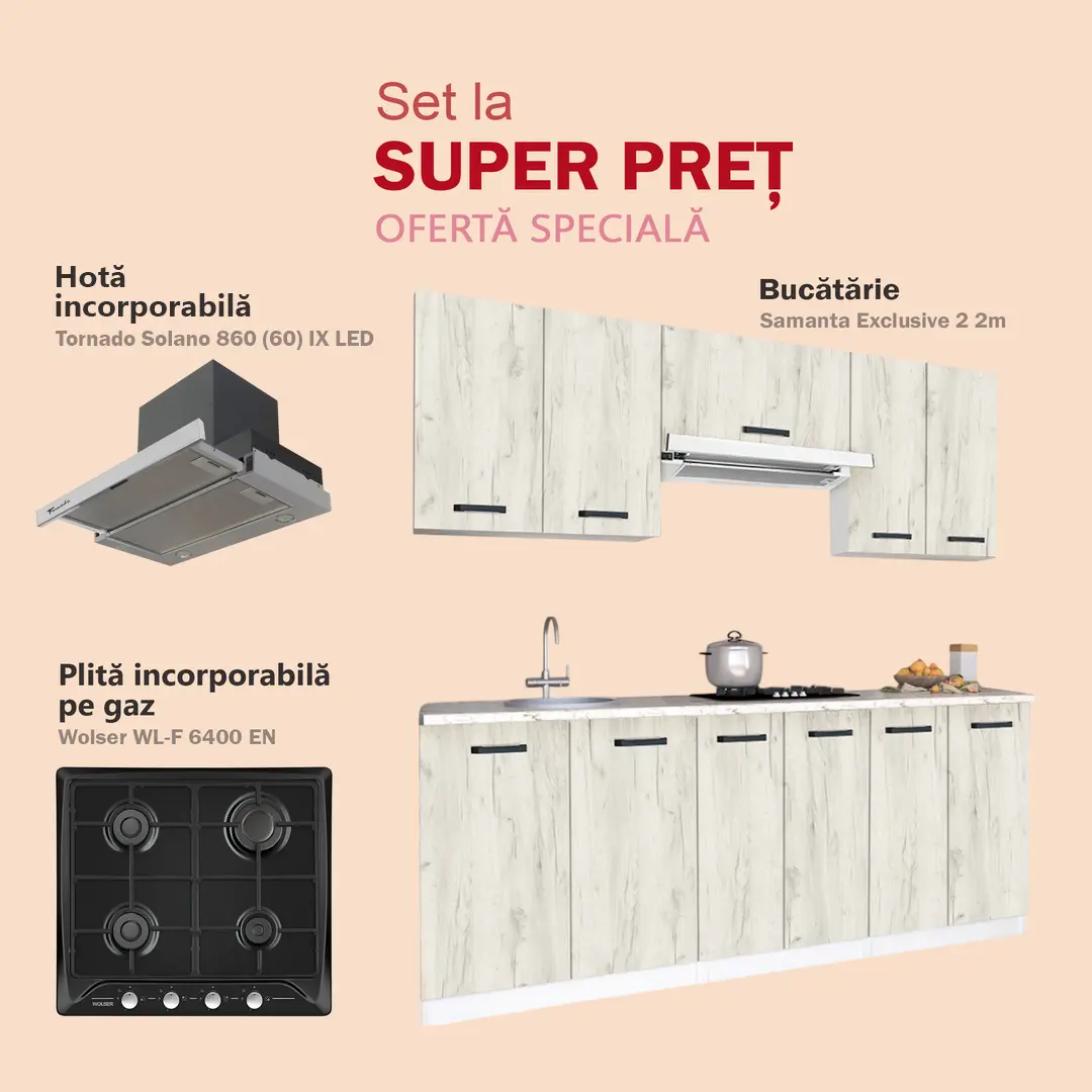 Set de bucatarie cu electrocasnice Samanta Exclusive 2 2m White/White Craft Oak + Wolser WL-F 6400 EN Black + Tornado Solano 860 (60) IX LED Inox