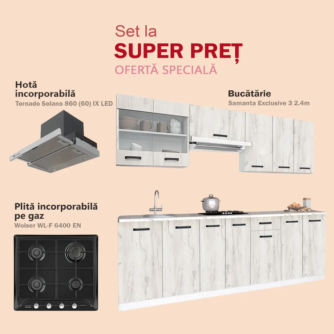 Set de bucatarie cu electrocasnice Samanta Exclusive 3 2.4m White/White Craft Oak + Wolser WL-F 6400 EN Black + Tornado Solano 860 (60) IX LED Inox