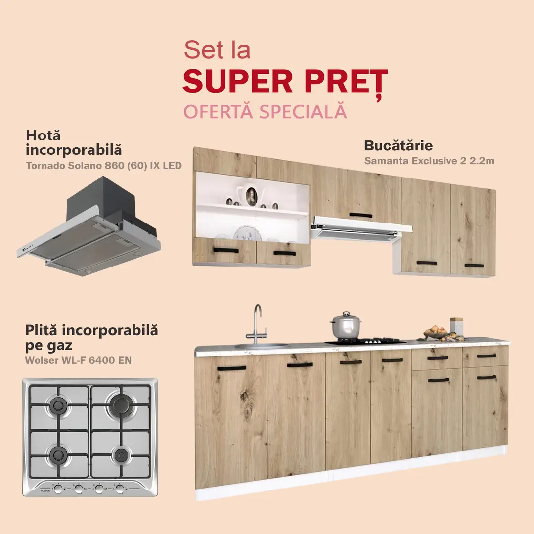 Set de bucatarie cu electrocasnice Samanta Exclusive 2 2.2m White/Artisan Oak + Wolser WL- F 6400 EN Inox + Tornado Solano 860 (60) IX LED Inox