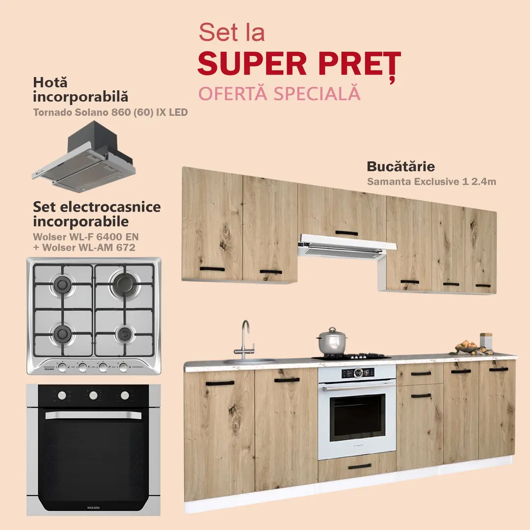 Set de bucatarie cu electrocasnice Samanta Exclusive 1 2.4m White/Artisan Oak + Wolser WL-AM 672 Inox + WL- F 6400 EN Inox + Tornado Solano 860 (60) IX LED Inox