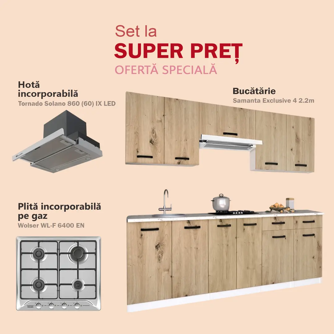 Set de bucatarie cu electrocasnice Samanta Exclusive 4 2.2m White/Artisan Oak + Wolser WL- F 6400 EN Inox + Tornado Solano 860 (60) IX LED Inox