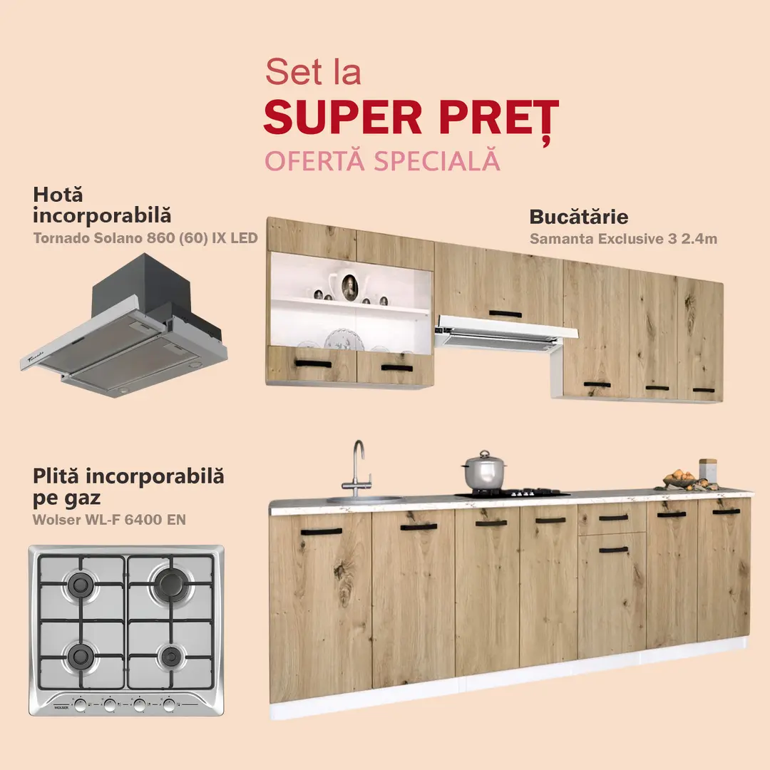 Комплект кухни с бытовой техникой Samanta Exclusive 3 2.4m White/Artisan Oak + Wolser WL- F 6400 EN Inox + Tornado Solano 860 (60) IX LED Inox