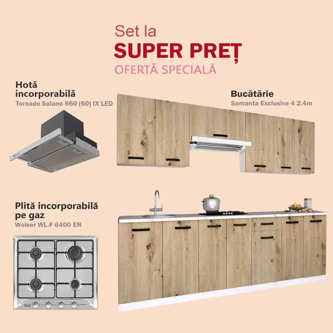 Комплект кухни с бытовой техникой Samanta Exclusive 4 2.4m White/Artisan Oak + Wolser WL- F 6400 EN Inox + Tornado Solano 860 (60) IX LED Inox