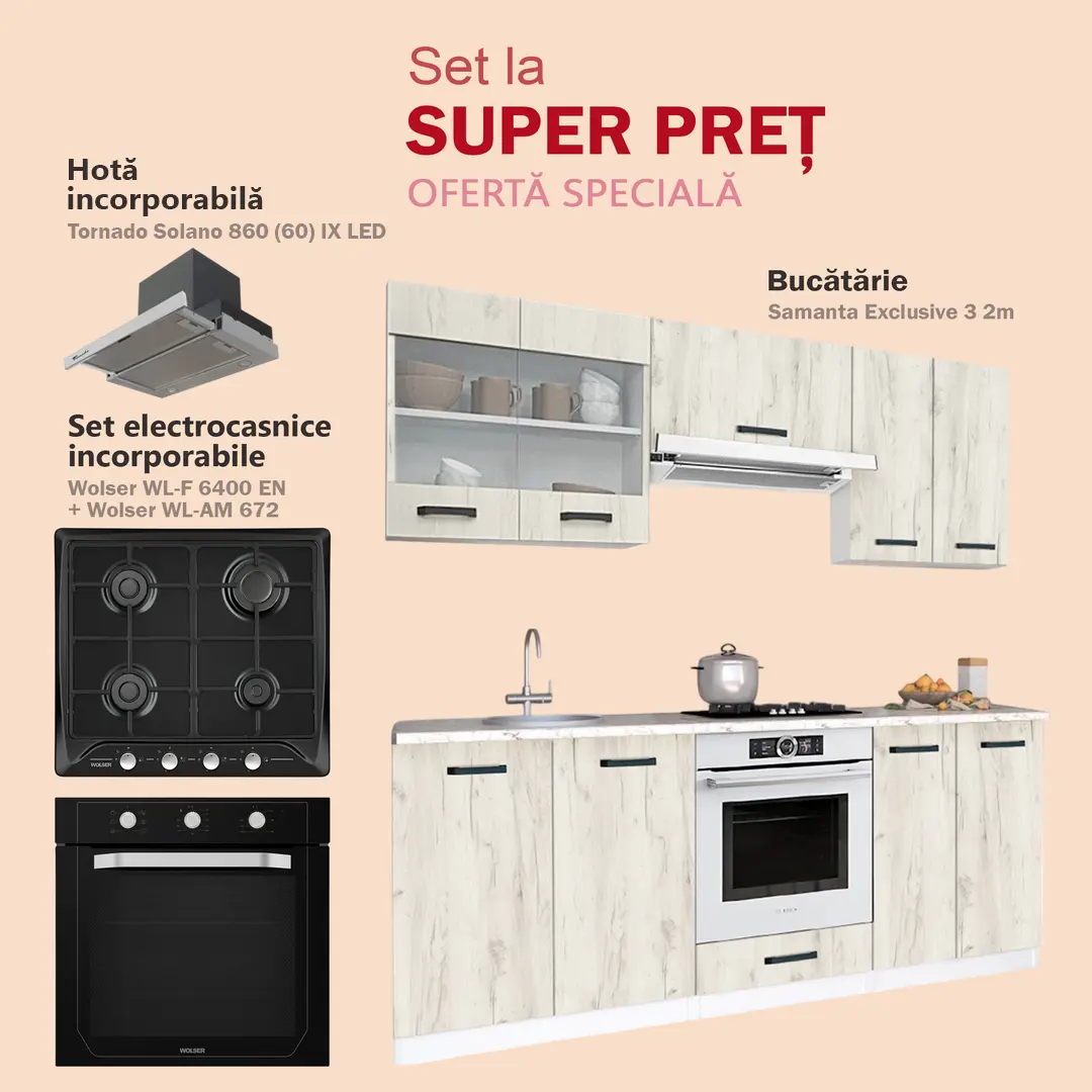 Комплект кухни с бытовой техникой Samanta Exclusive 3 2m White/White Craft Oak + Wolser WL-AM 672 Black + WL-F 6400 EN Black + Tornado Solano 860 (60) IX LED Inox