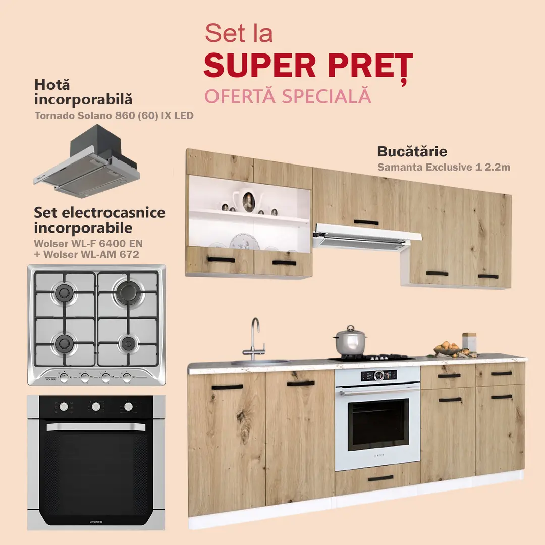 Set de bucatarie cu electrocasnice Samanta Exclusive 1 2.2m White/Artisan Oak + Wolser WL-AM 672 Inox + WL- F 6400 EN Inox + Tornado Solano 860 (60) IX LED Inox
