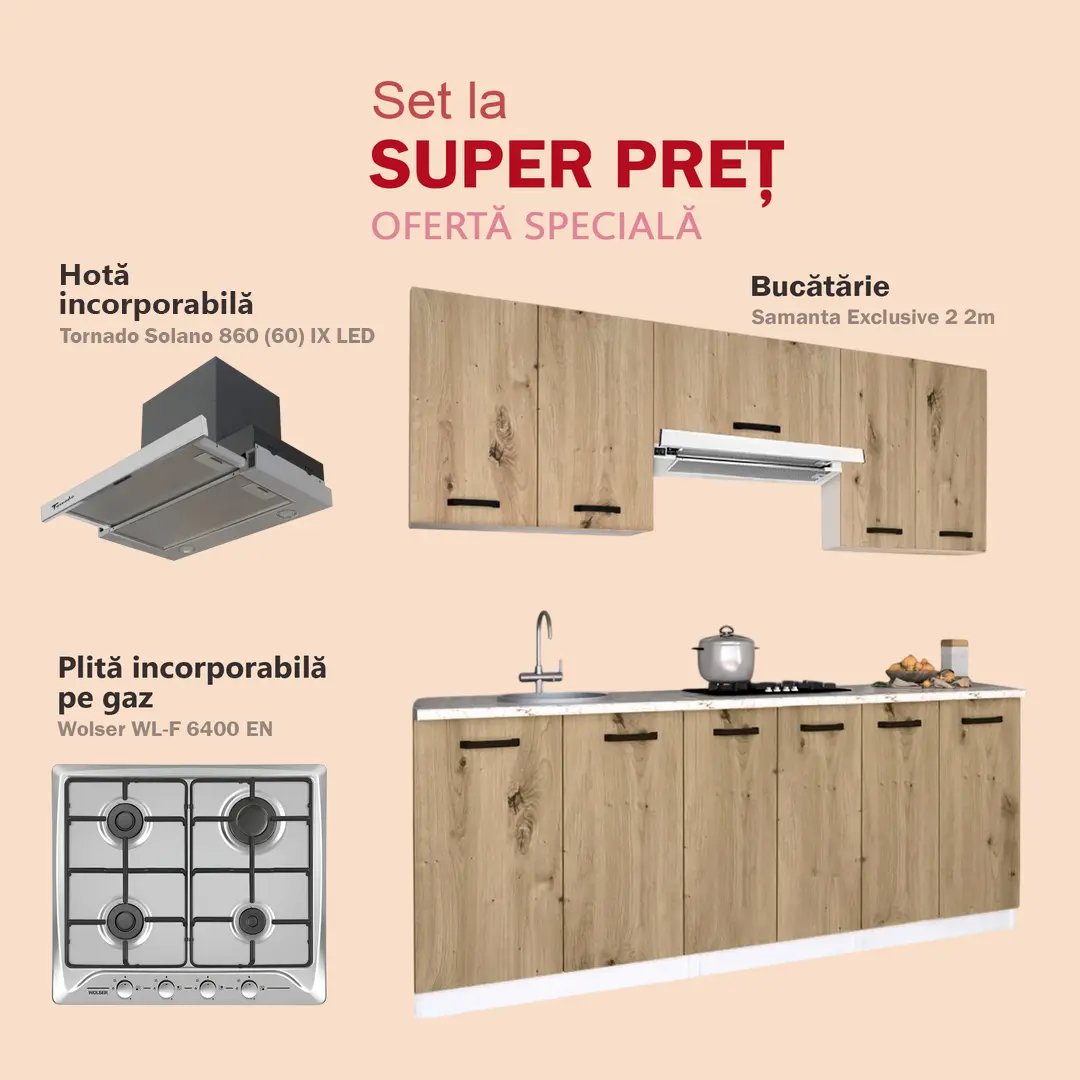 Set de bucatarie cu electrocasnice Samanta Exclusive 2 2m White/Artisan Oak + Wolser WL- F 6400 EN Inox + Tornado Solano 860 (60) IX LED Inox