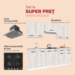 Set de bucatarie cu electrocasnice Samanta Exclusive 4 2.2m White/White Craft Oak + Wolser WL-F 6400 EN Black + Tornado Solano 860 (60) IX LED Inox