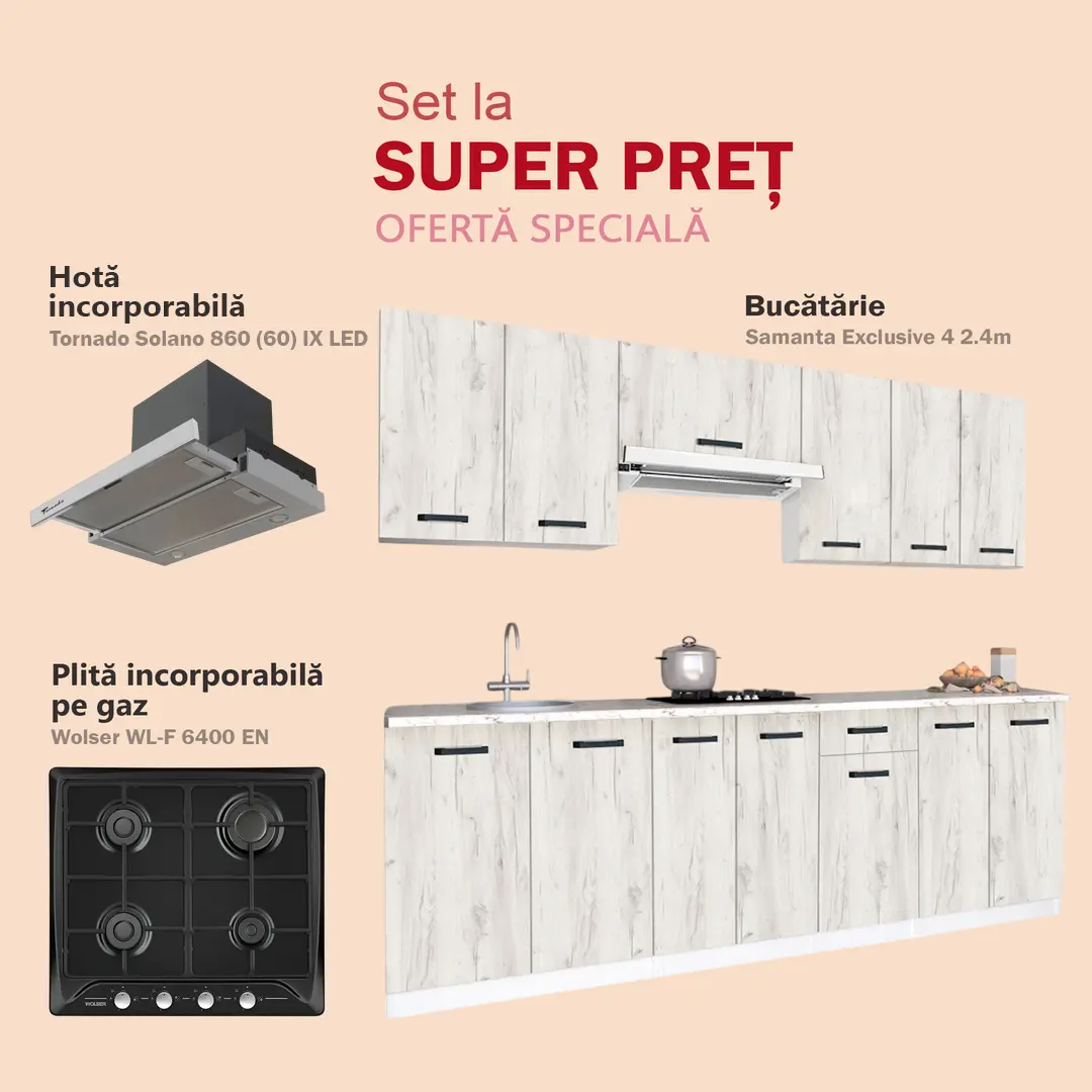 Комплект кухни с бытовой техникой Samanta Exclusive 4 2.4m White/White Craft Oak + Wolser WL-F 6400 EN Black + Tornado Solano 860 (60) IX LED Inox
