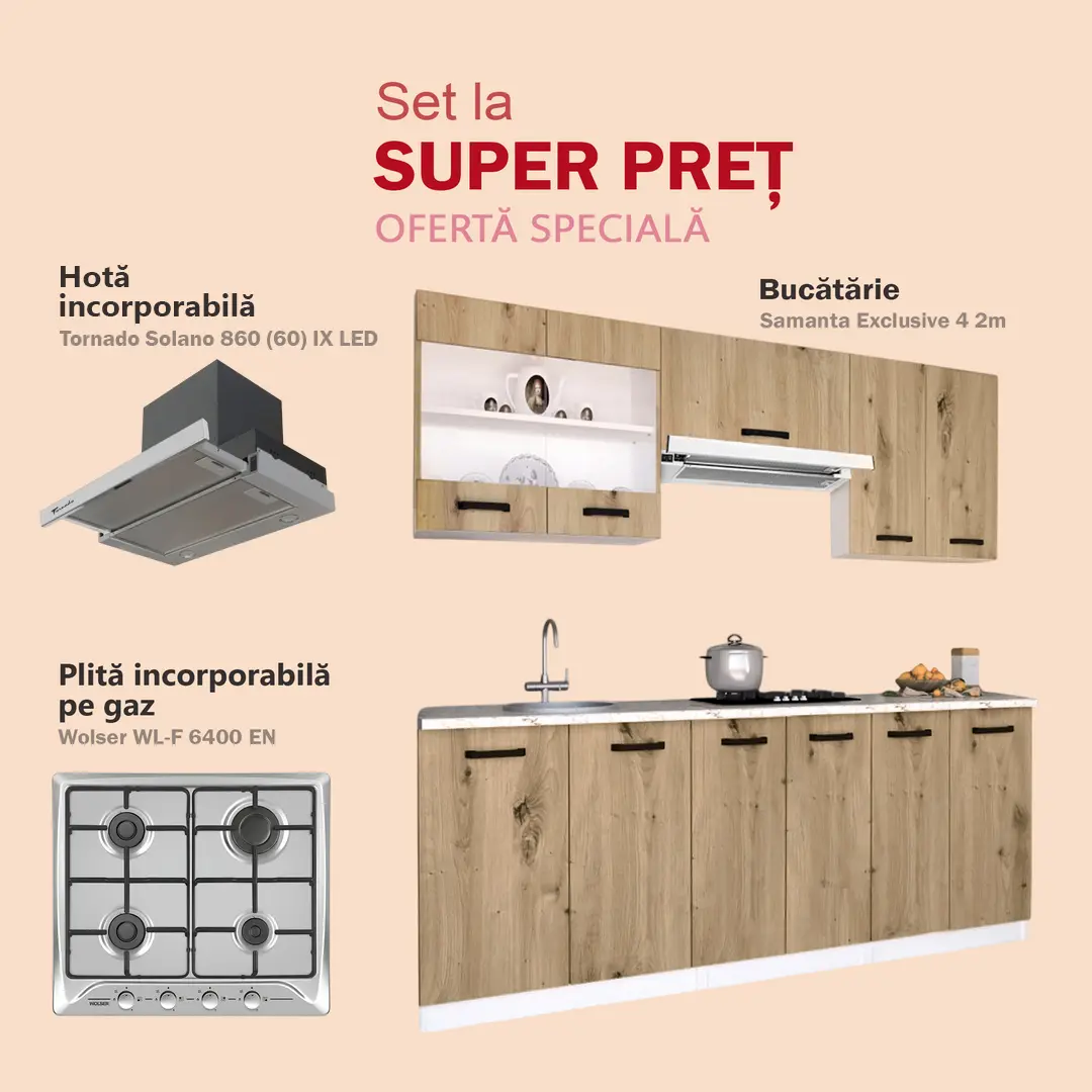 Set de bucatarie cu electrocasnice Samanta Exclusive 4 2m White/Artisan Oak + Wolser WL- F 6400 EN Inox + Tornado Solano 860 (60) IX LED Inox