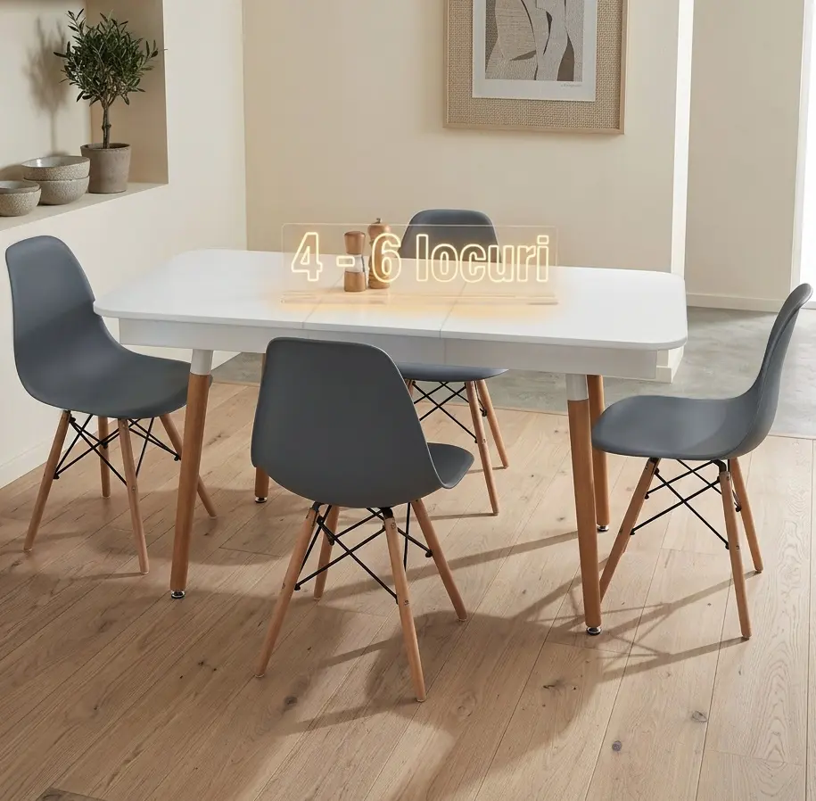 Set masa + 4 scaune Evelin DT-431-1R Wo + LC-021 (White/Natural/Grey)