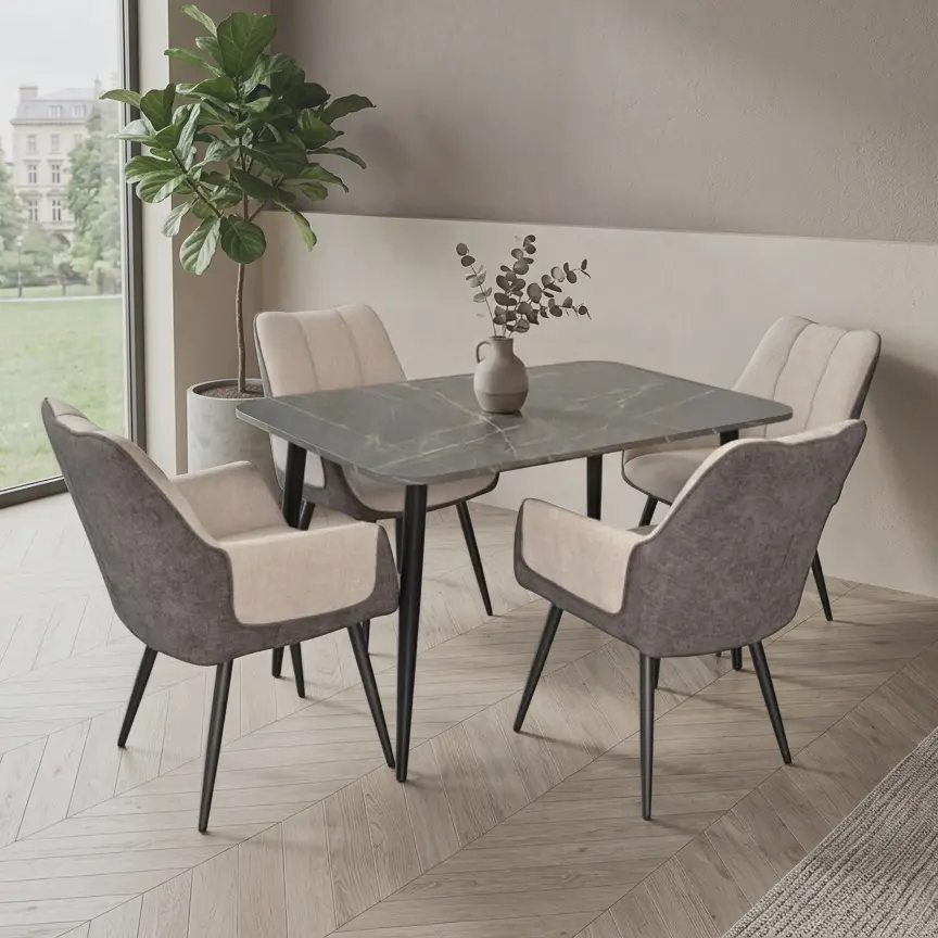 Комплект стол + 4 стула Evelin DT-405-6B + QT-227B UF885-13/UF885-15 (Black Marble/Grey)