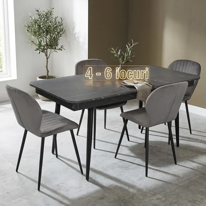 Set masa + 4 scaune Evelin DT-431-3R B + YTC-064B Blu-14 (Black Marble/Dark Grey)