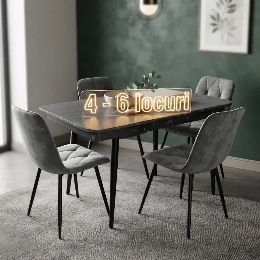 Комплект стол + 4 стула Evelin DT-431-3R B + YTC-080B Bluvel-14 (Black Marble/Dark Grey)