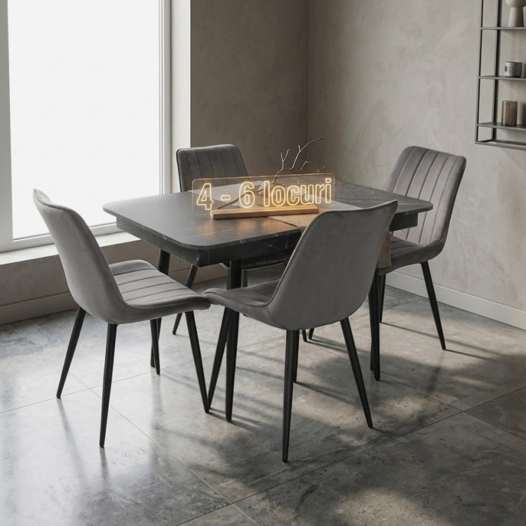 Комплект стол + 4 стула Evelin DT-431-3R B + YTC-055B Bluvel-14 (Black Marble/Dark Grey)