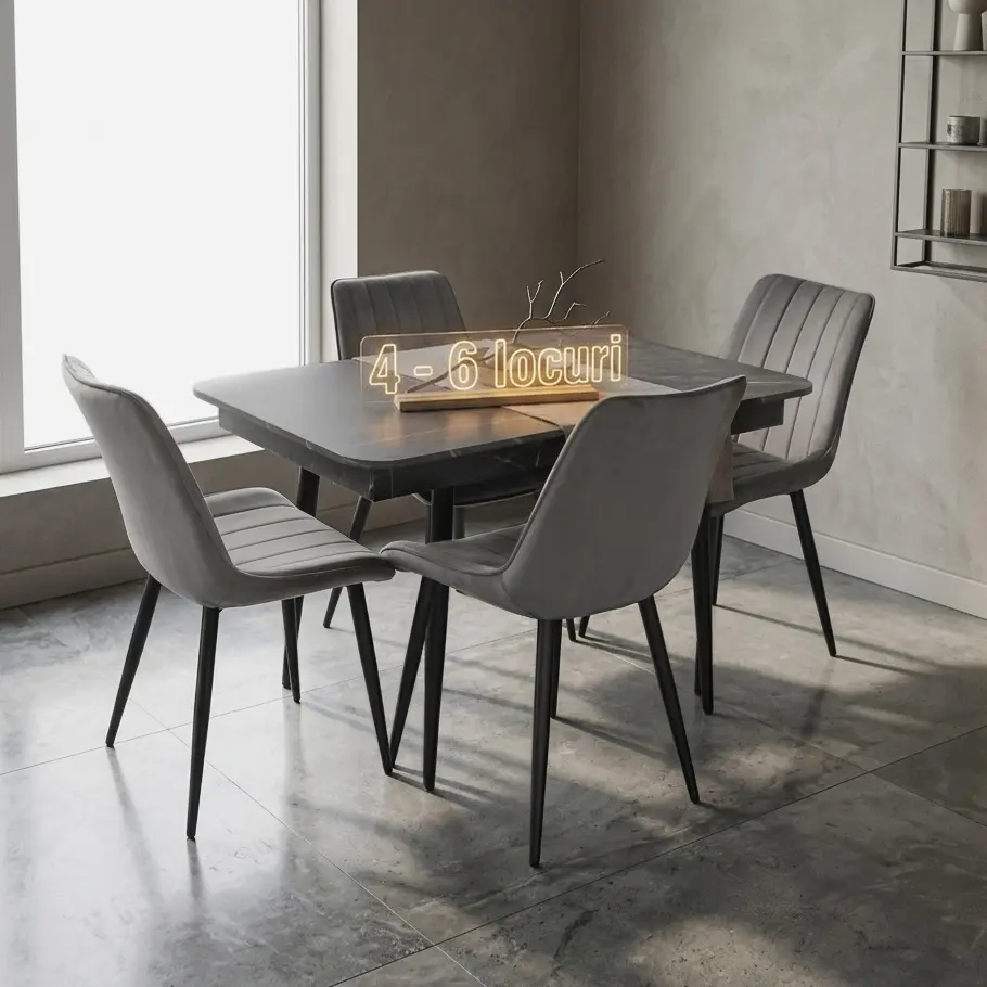 Set masa + 4 scaune Evelin DT-431-3R B + YTC-055B Bluvel-14 (Black Marble/Dark Grey)
