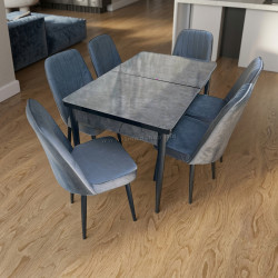 Set de sufragerie Magnusplus Loft Aris Antasit/KareGold Babyface Koyu 130/170x80 1+6 (Grey Marble/Grey/Black)