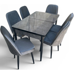 Set de sufragerie Magnusplus Loft Aris Antasit/KareGold Babyface Koyu 130/170x80 1+6 (Grey Marble/Grey/Black) Thumb