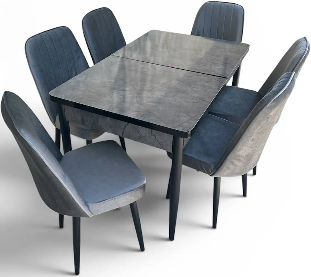 Set de sufragerie Magnusplus Loft Aris Antasit/KareGold Babyface Koyu 130/170x80 1+6 (Grey Marble/Grey/Black) - 2