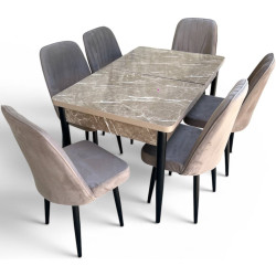 Set de sufragerie Magnusplus Loft Belek/KareGold Babyface Khave 130/170x80 1+6 (Light Brown Marble/Brown/Black) Thumb