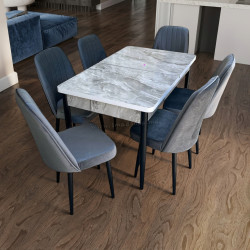 Set de sufragerie Magnusplus Loft Bermuda/KareGold Babyface Koyu 130/170x80 1+6 (Light Grey Marble/Grey/Black)
