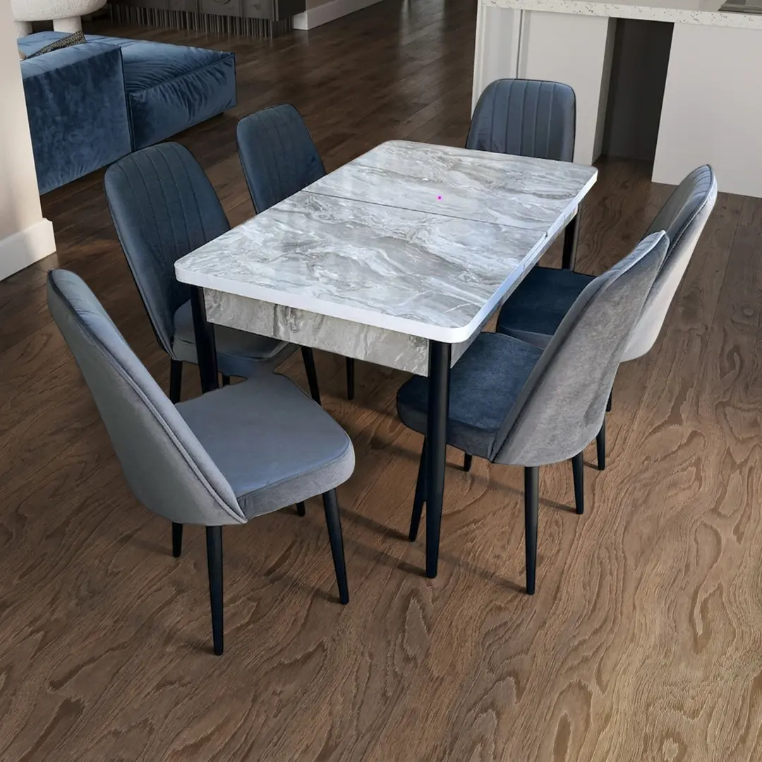 Set de sufragerie Magnusplus Loft Bermuda/KareGold Babyface Koyu 130/170x80 1+6 (Light Grey Marble/Grey/Black)