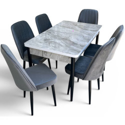 Set de sufragerie Magnusplus Loft Bermuda/KareGold Babyface Koyu 130/170x80 1+6 (Light Grey Marble/Grey/Black) Thumb