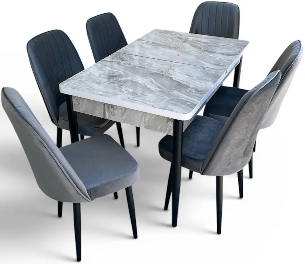 Set de sufragerie Magnusplus Loft Bermuda/KareGold Babyface Koyu 130/170x80 1+6 (Light Grey Marble/Grey/Black) - 2