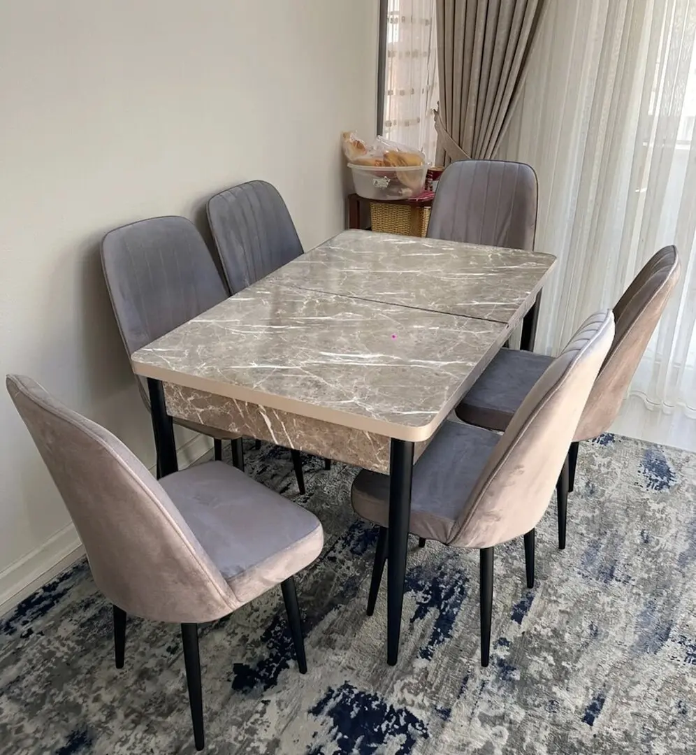 Set de sufragerie Magnusplus Loft Belek/KareGold Babyface Khave 130/170x80 1+6 (Light Brown Marble/Brown/Black)