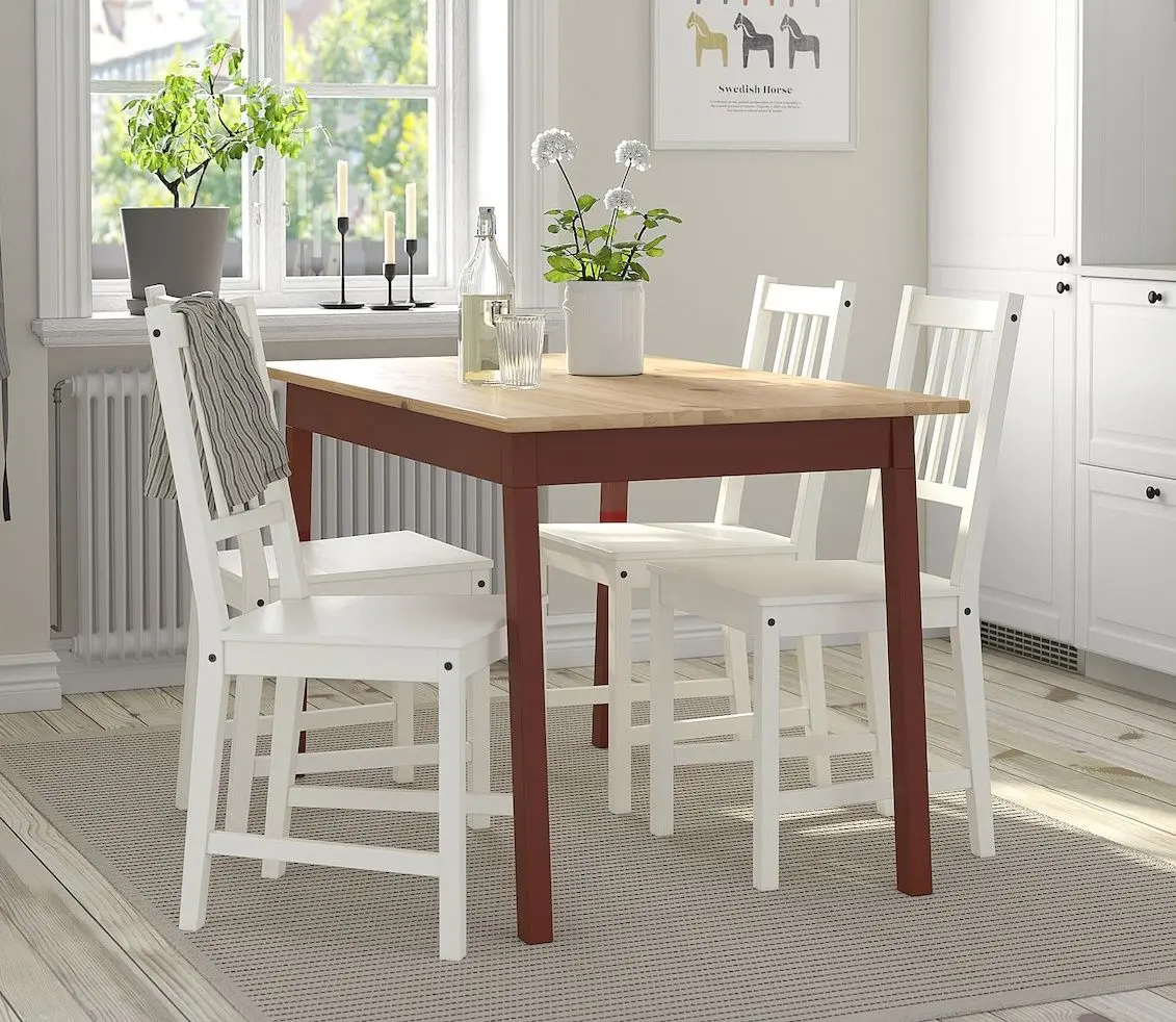 Set masa scaune Ikea Pinntorp/Stefan 125cm 1+4 (Maro deschis/Rosu/Alb)