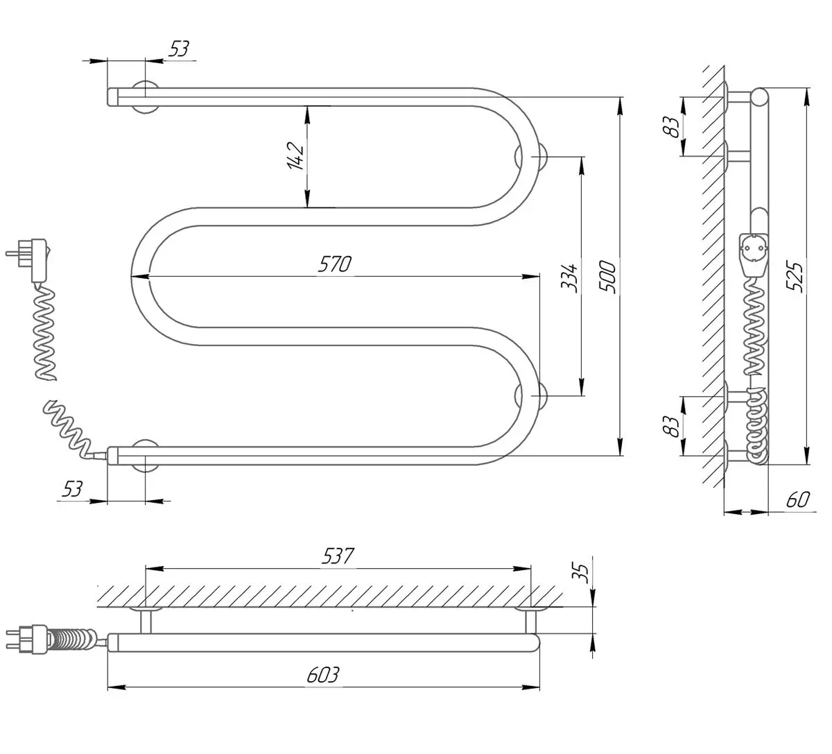 Полотенцесушитель электрический Laris Zmeevik 25 PC3 600x500 Left (Chrome)