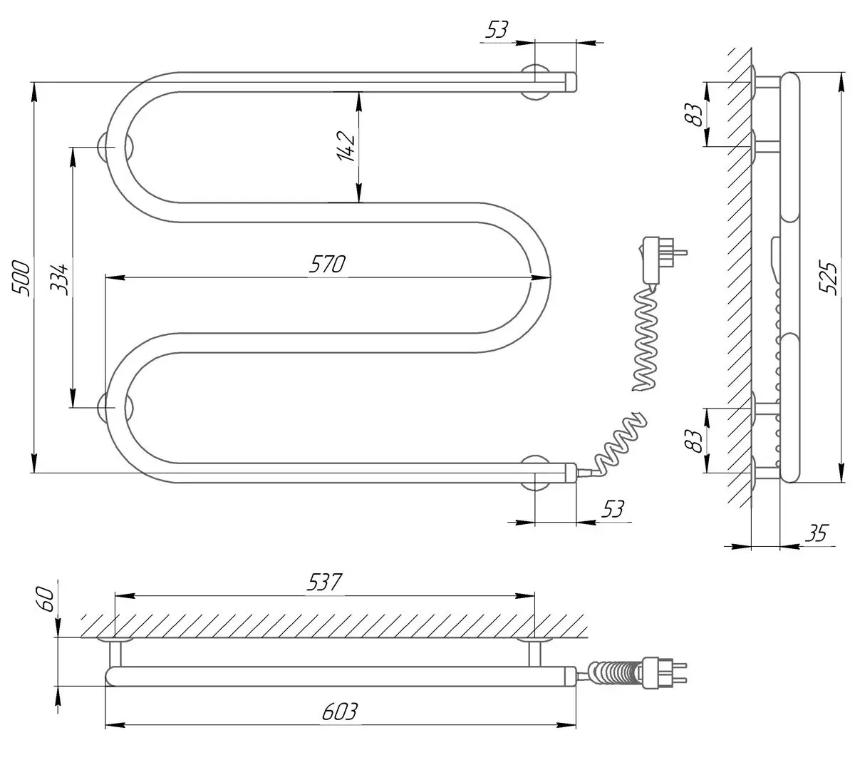 Полотенцесушитель электрический Laris Zmeevik 25 PC3 600x500 Right (Chrome)