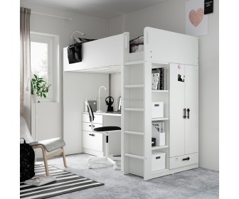 Pat supraetajat Ikea Smastad cu birou 90x200 (Alb)