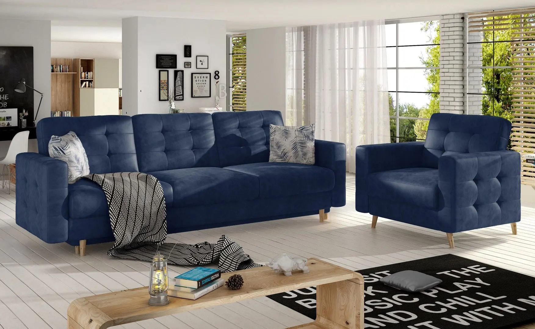 Set de mobila moale Eltap Asgard 3+1 Monolith 77/Botanical 80 (Blue)