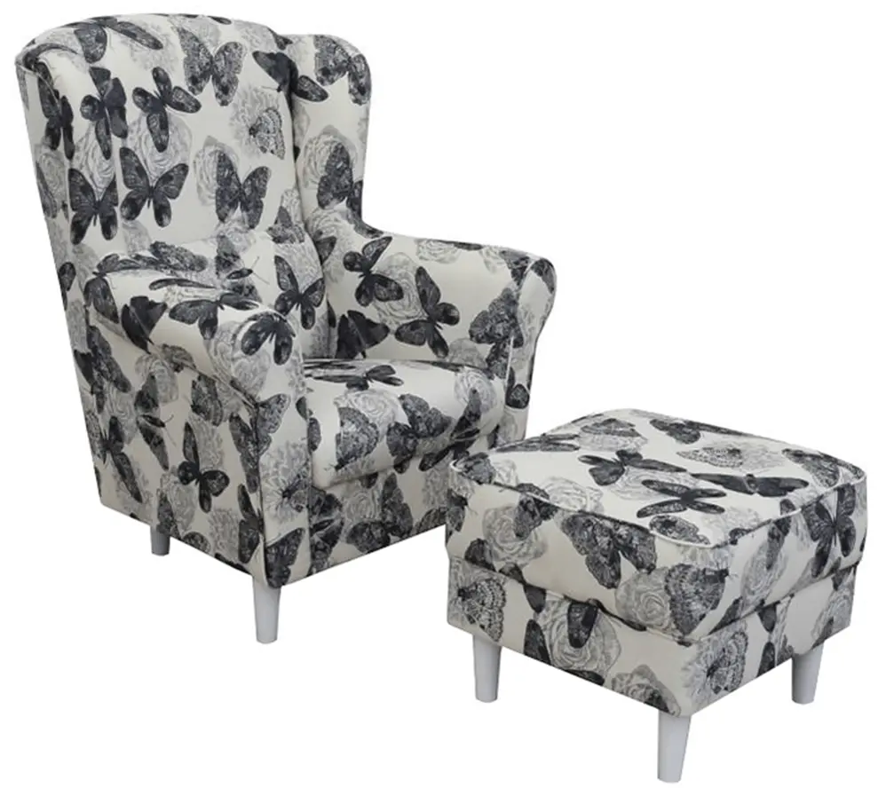 Кресло с пуфом Tempo Kondela Astrid (White/Gray Butterflies)