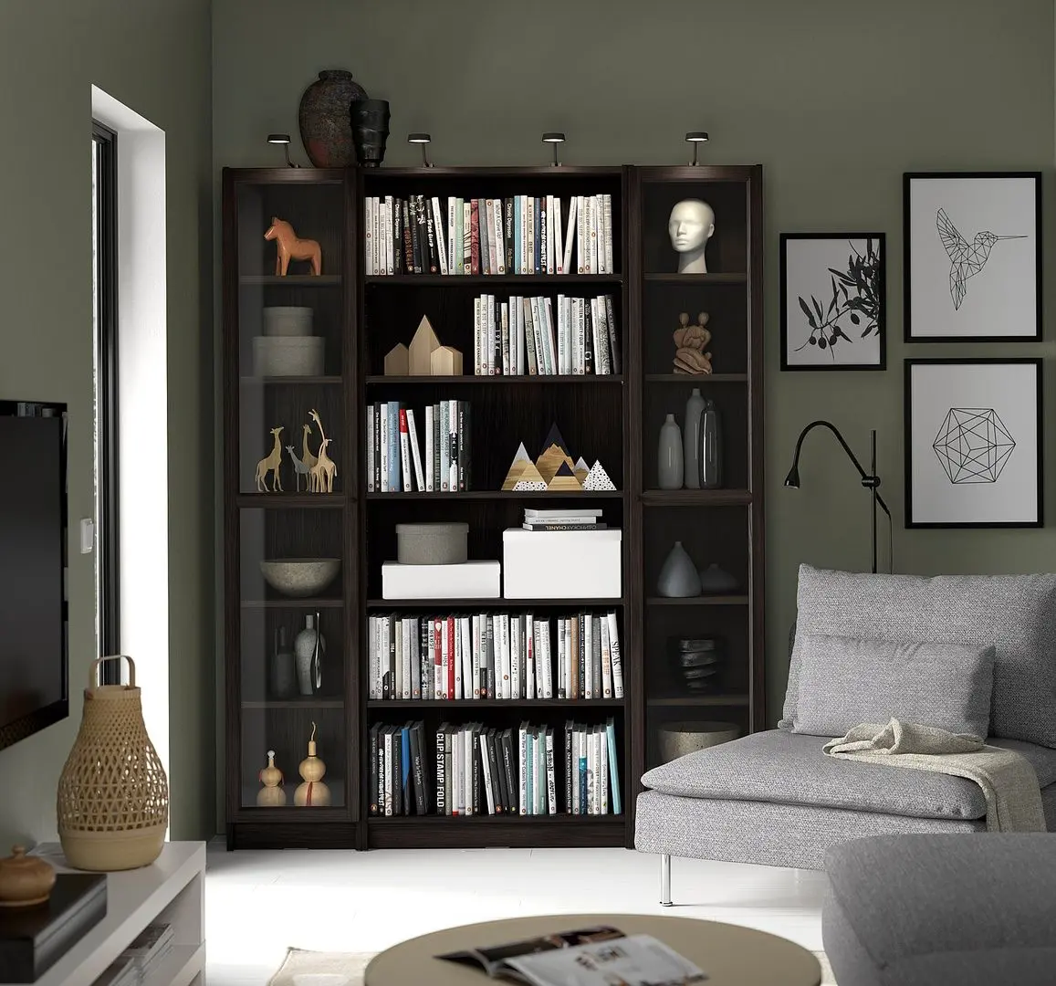 Biblioteca Ikea Billy/Oxberg usi sticla 160x202 (Maro inchis aspect stejar)